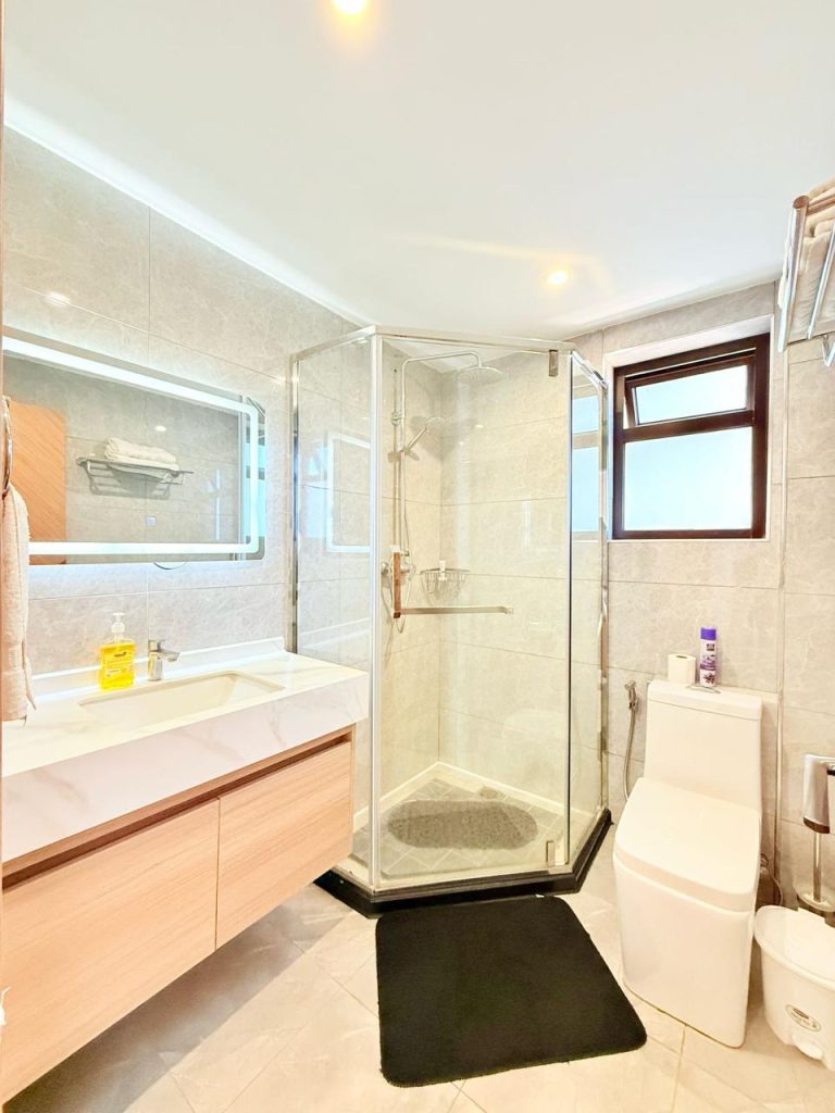 bathroom with cubicle shower,a sink with a mirror and a toilet at Furnished Apartment near Netherlands Embassy
