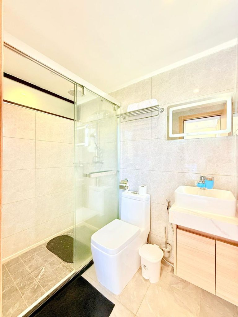glass cubicke shower, a toilet and a sink with a mirror at Fully Furnished 3 bedroom Apartment in Westlands