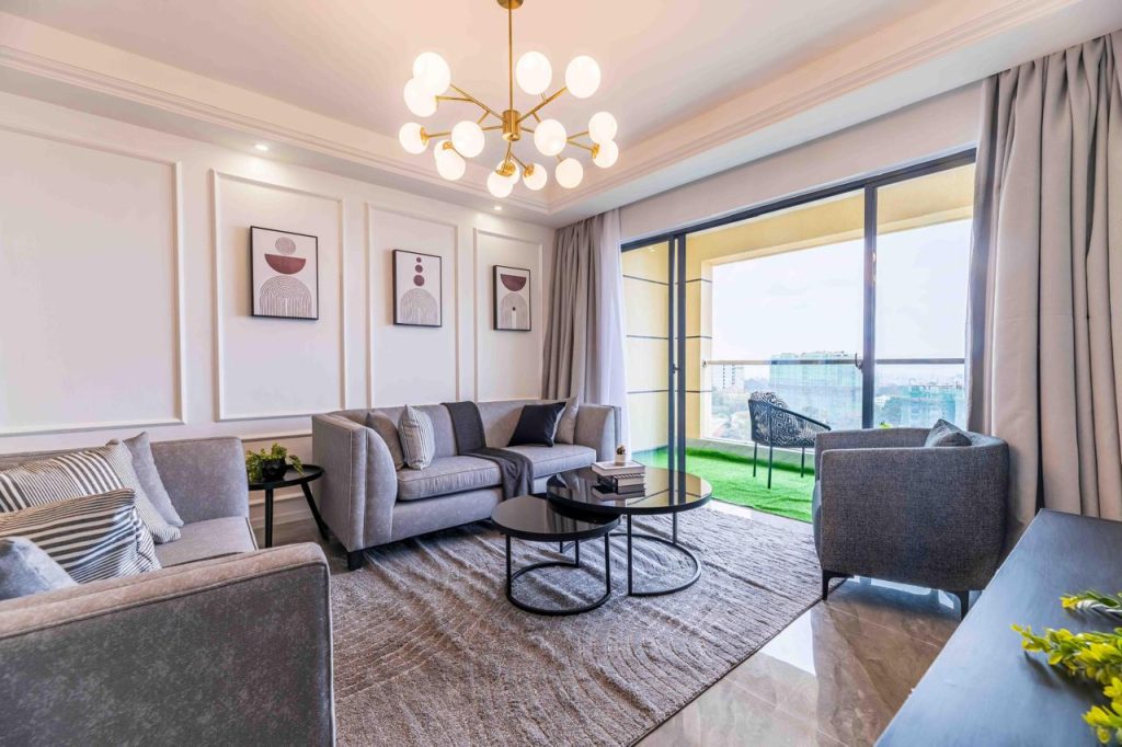 View of the living room from the Tv at the Family-friendly serviced apartment in Kilimani