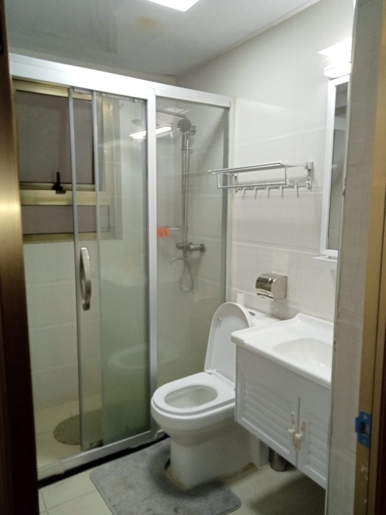 a bathroom with cubicle shower ,a toilet and a sink with a mirror at Budget 2 bedroom furnished apartment Kilimani