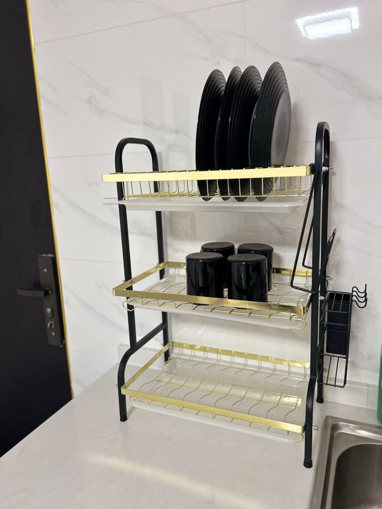 a dish rack at Kilimani serviced apartment for monthly rent