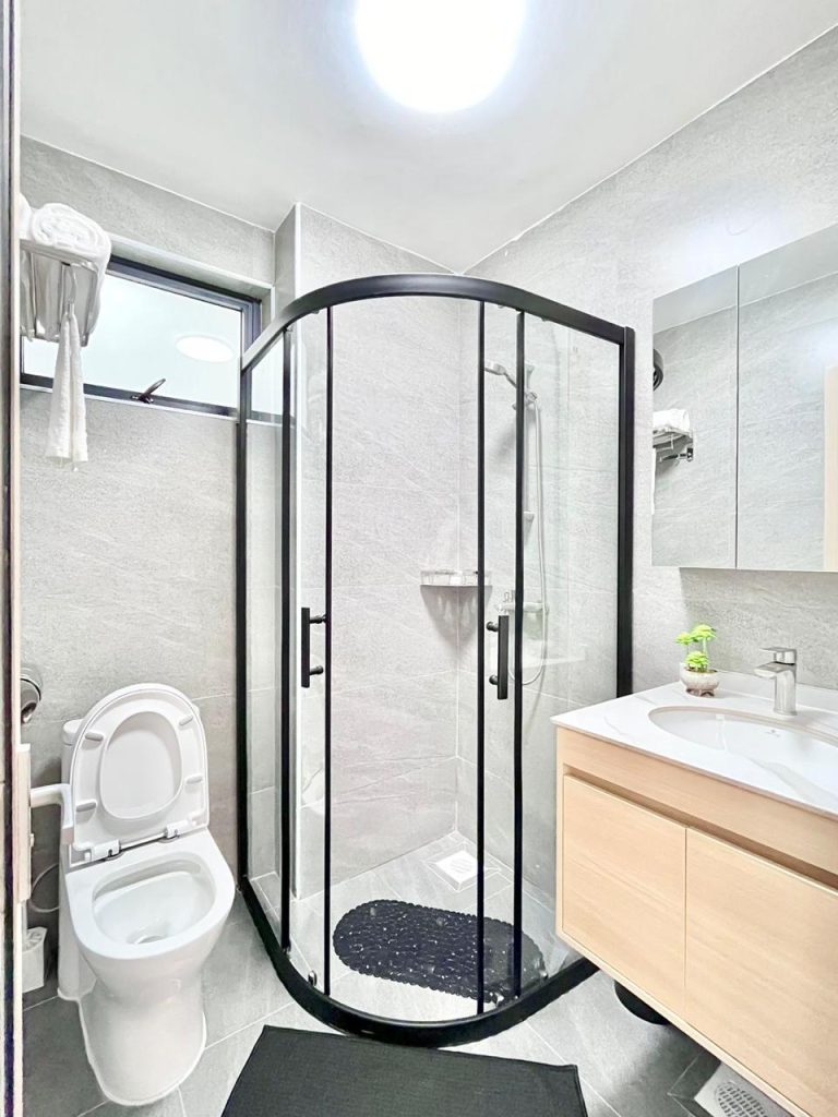 bathroom with cubicle glass shower,a toilet and a sink with a mirror with cabinets at Two Bedroom Furnished Apartment for rent in Nairobi