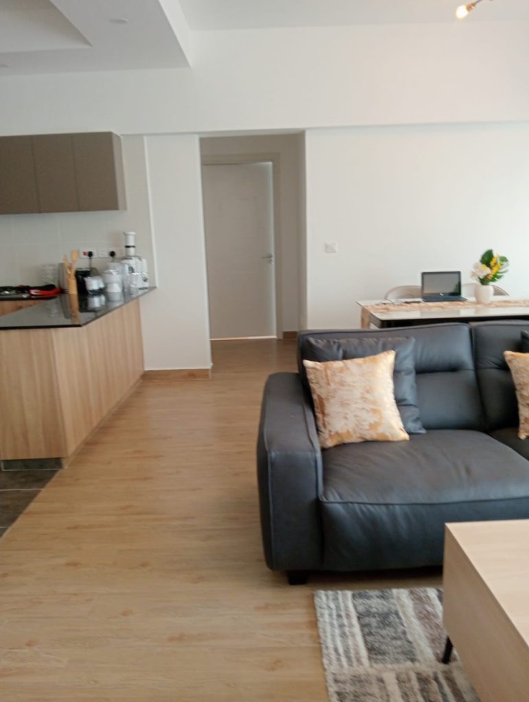 partial view of the couch,kitchen and the dining area at the Furnished 2-Bedroom Apartment for Daily Rentals in Kilimani