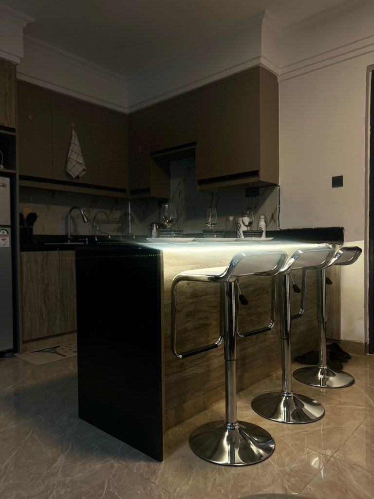 the kitchen at Furnished Apartment with Rooftop Terrace in Kilimani night view