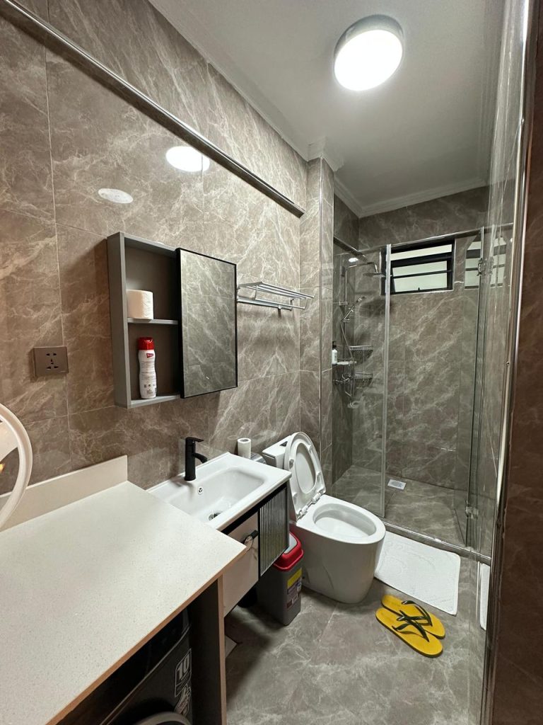 bathroom with cubicle glass shower, a toilet and a sink with a mirror with cabinets at Serviced 1 Bedroom Apartment In Kilimani