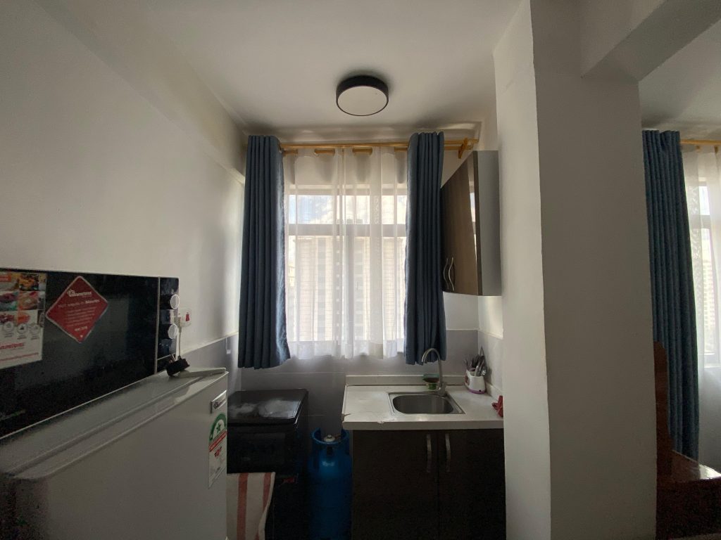 a fridge and a micro wave and view of the kitchen at the Furnished Studio Apartment in Kilimani