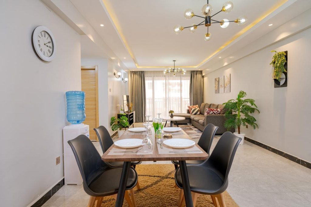 Full view of a stylish dining set in a furnished apartment in Kileleshwa for rent.
