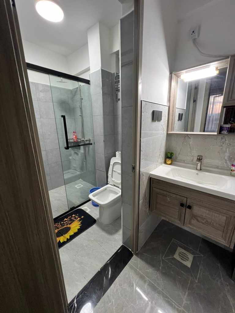 Stylish bathroom in 1 Bedroom Furnished Apartment in Kileleshwa with shower cubicle, toilet, sink, and mirrored cabinet with storage.
