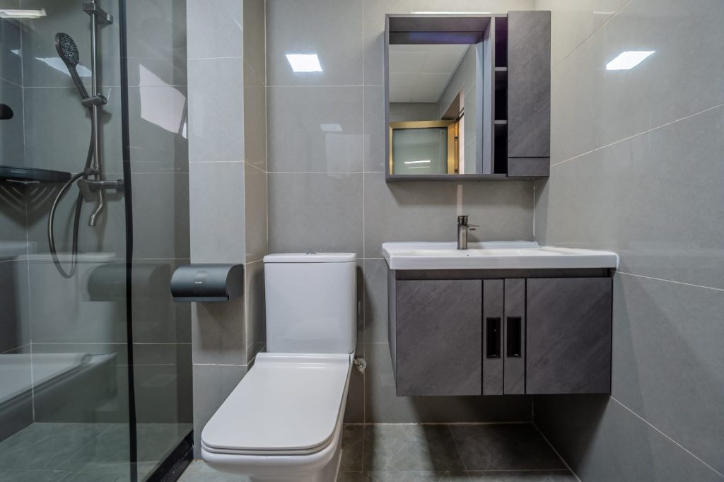 A toilet and sink with a mirror that has enclosed storage space at Sheva suites
