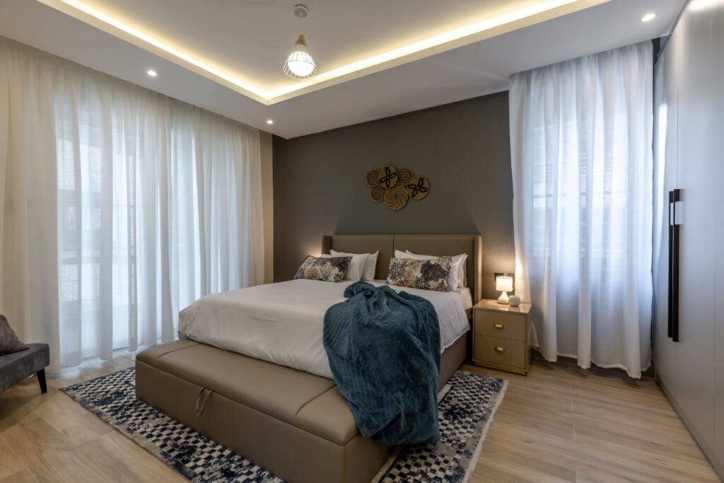 The master bedroom at the 3 bedroom apartment along General Mathenge Gardens