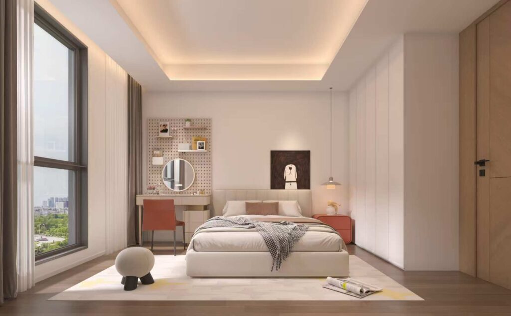 well lit bedroom with inbuilt wardrobes at Amani Residence