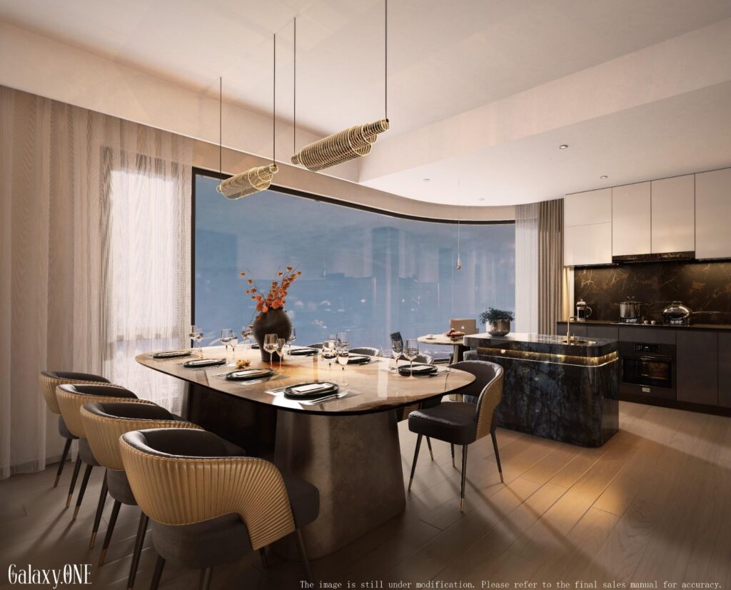 the dining area with large windows at Galaxy ONE Apartments in Westlands