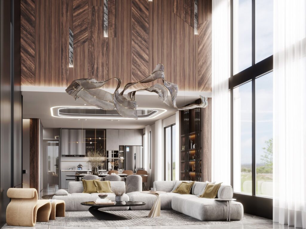 An expansive living area at Ostrea Karen Villas with large windows a and Chandalier