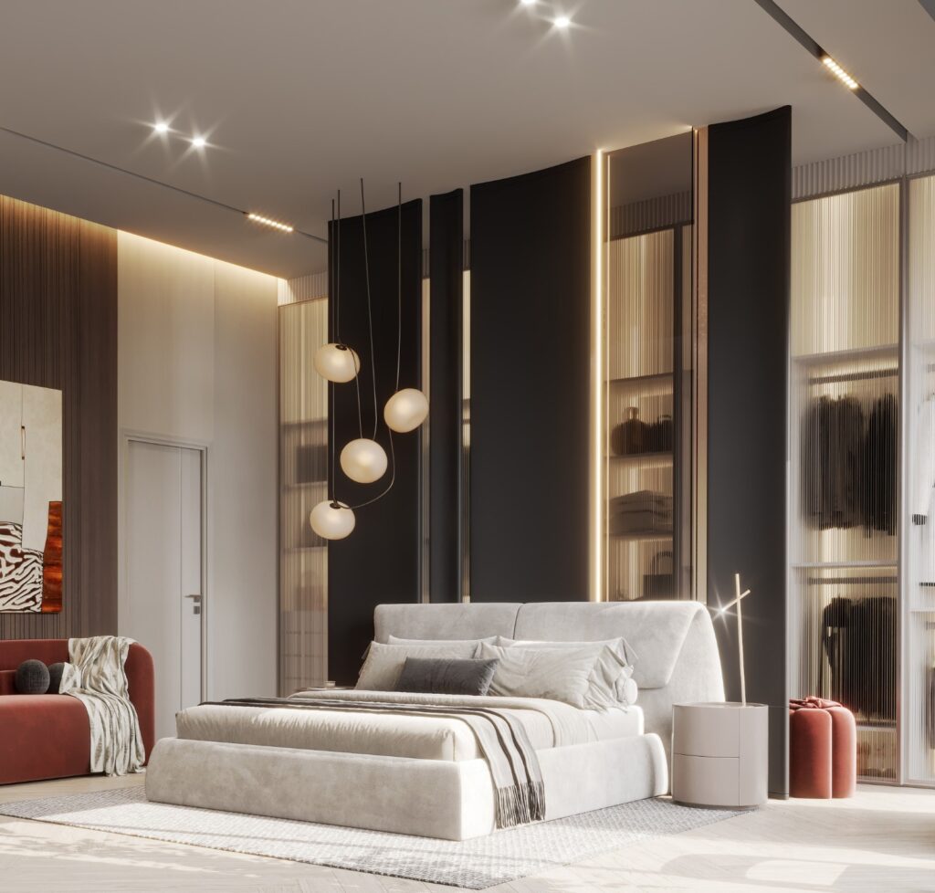 An expansive bedroom with large inbuild cabinets and en ensuite bathroom at Ostrea Karen Villas