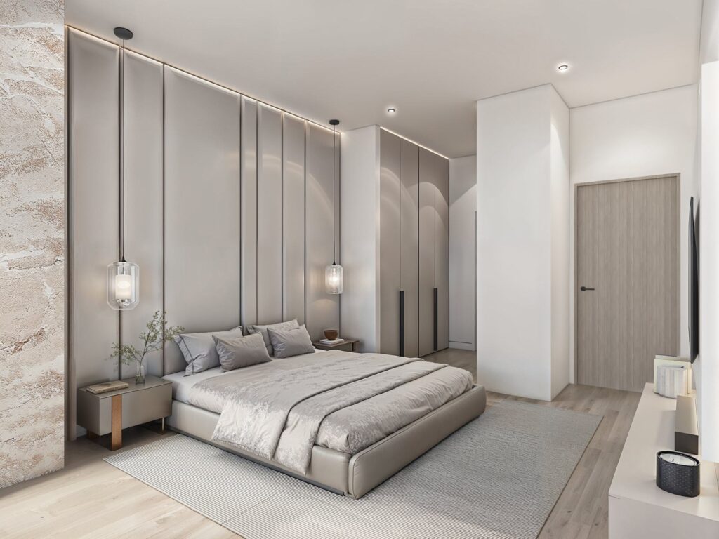 A bedroom with inbuilt cabinets at Angani By Residency