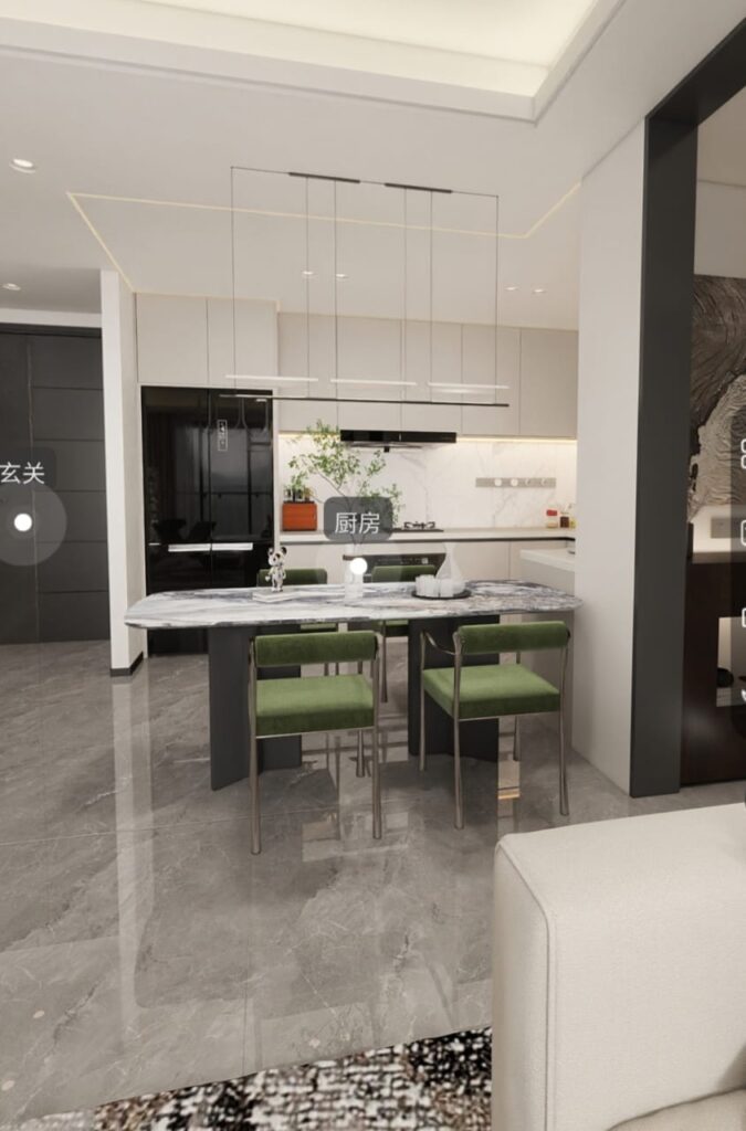 the dining area and the open plan kitchen inside an apartment at Aria Capital Residency in Upperhill,
