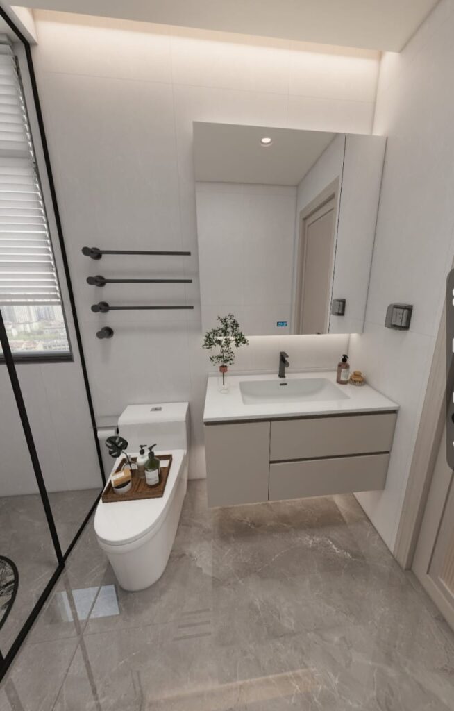 with sink with a mirror and a toilet in a bathroom at Aria Capital Residency in Upperhill