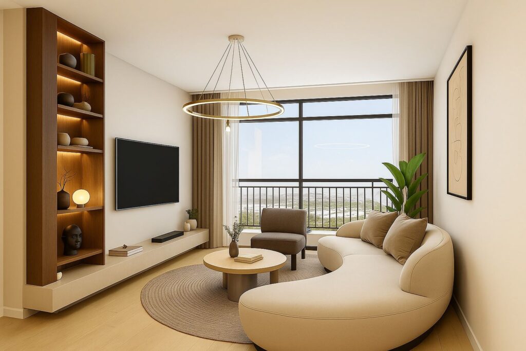 Bright living area with naturally lighting from large windows and a mounted smart tv at Aviv Almasi