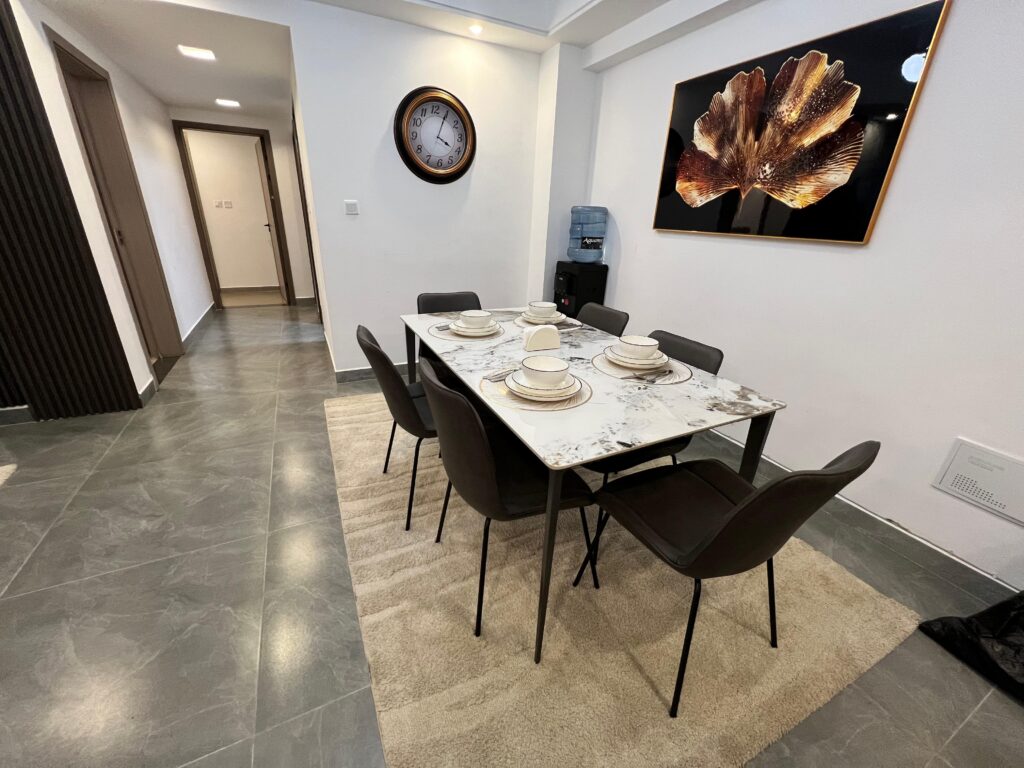 The dining area with 6 seats at the Furnished apartment at winchester Gardens