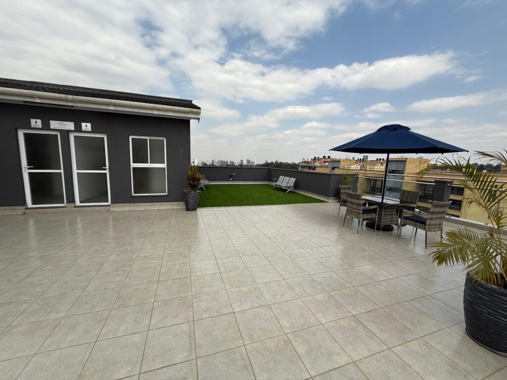 Rooftop terrace with seats at the Pearl Rivers unfurnished 2 bedroom